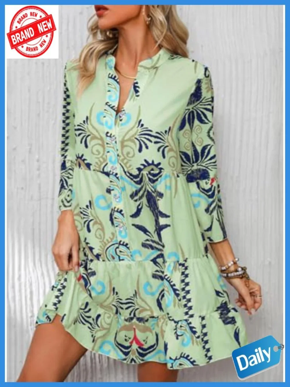 Flowy Ruffle 3/4 Sleeve V Neck Tiered Casual Babydoll Boho Beach Mini Dress